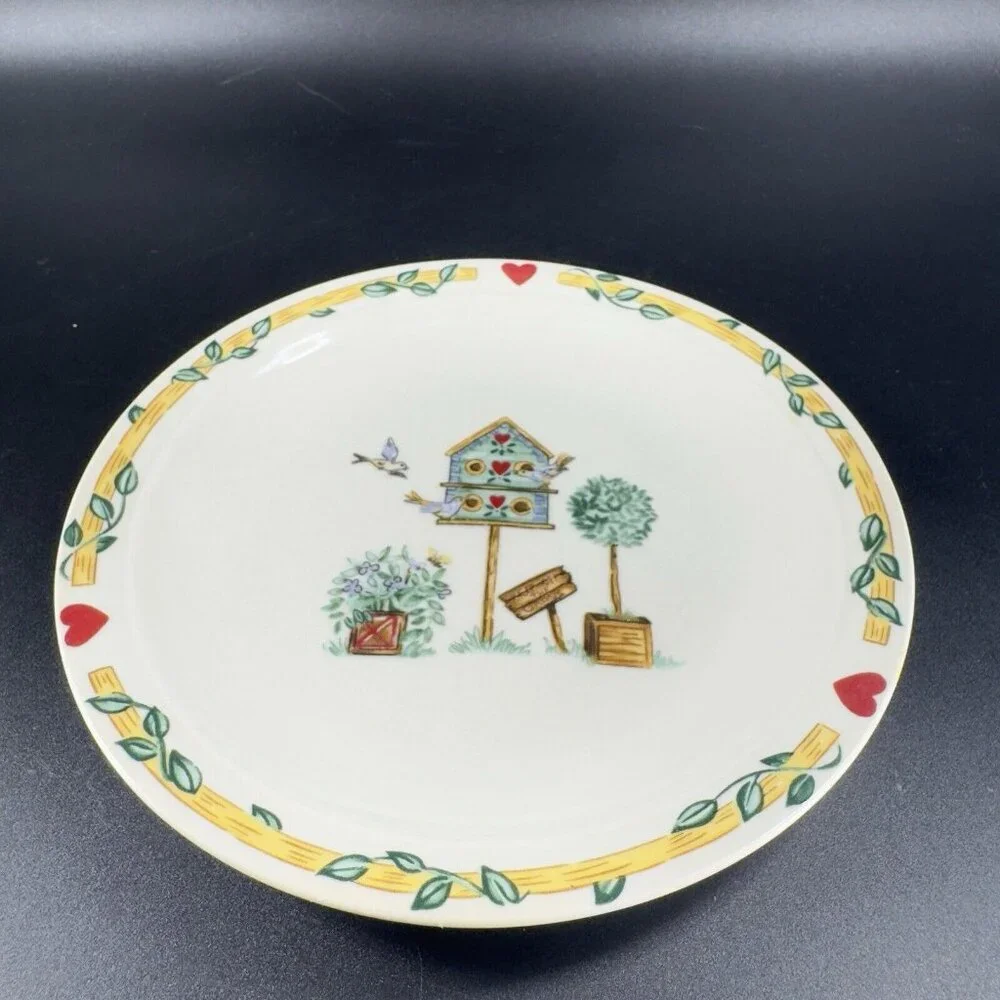 Thomson Pottery Birdhouse Plate Dish Birds Red Hearts Bluejay Set 4 Ceramic‎ 6in